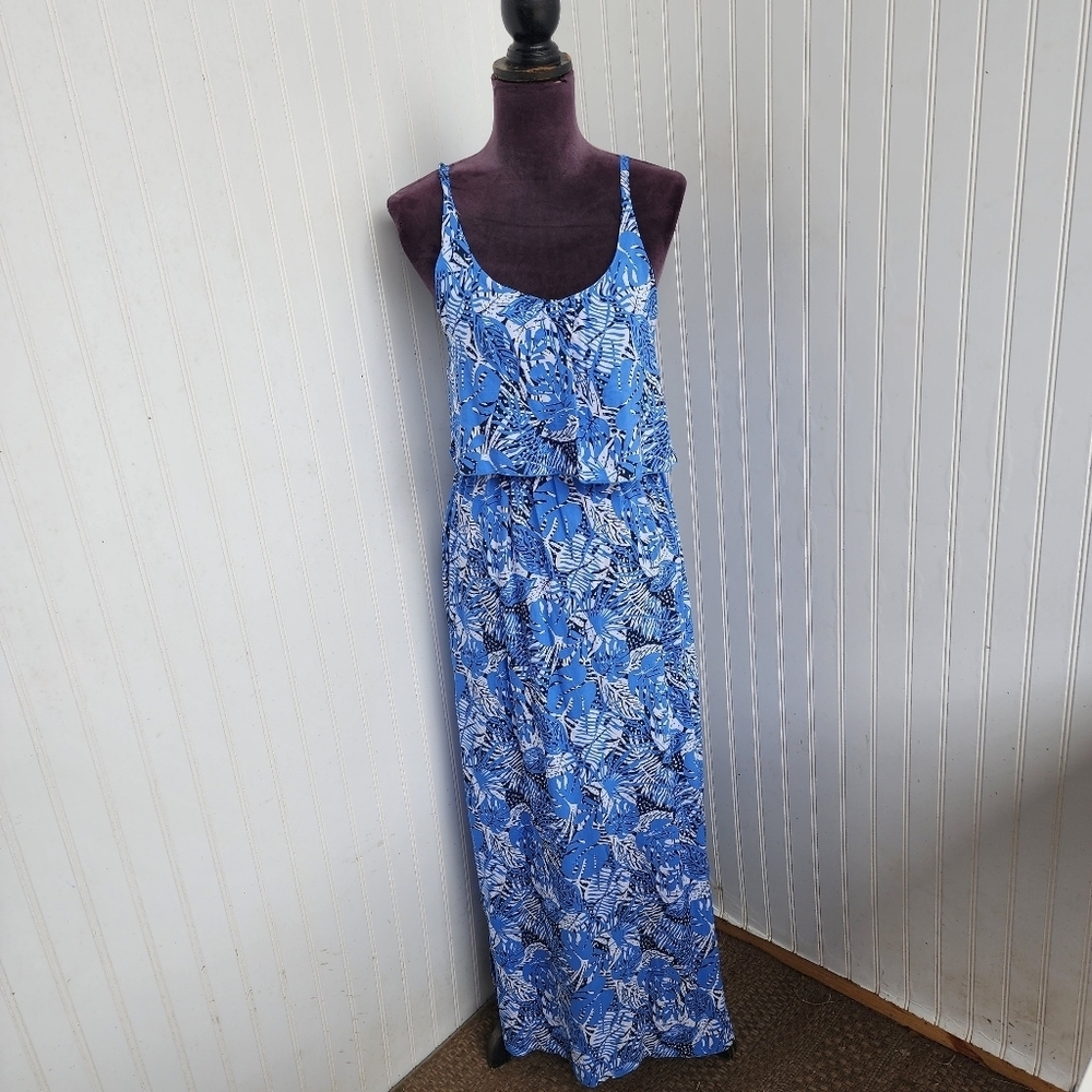 Blue Water Monstera Palm Leaf  Maxi Dress Vacation Boho Ruffle Rayon Pockets S